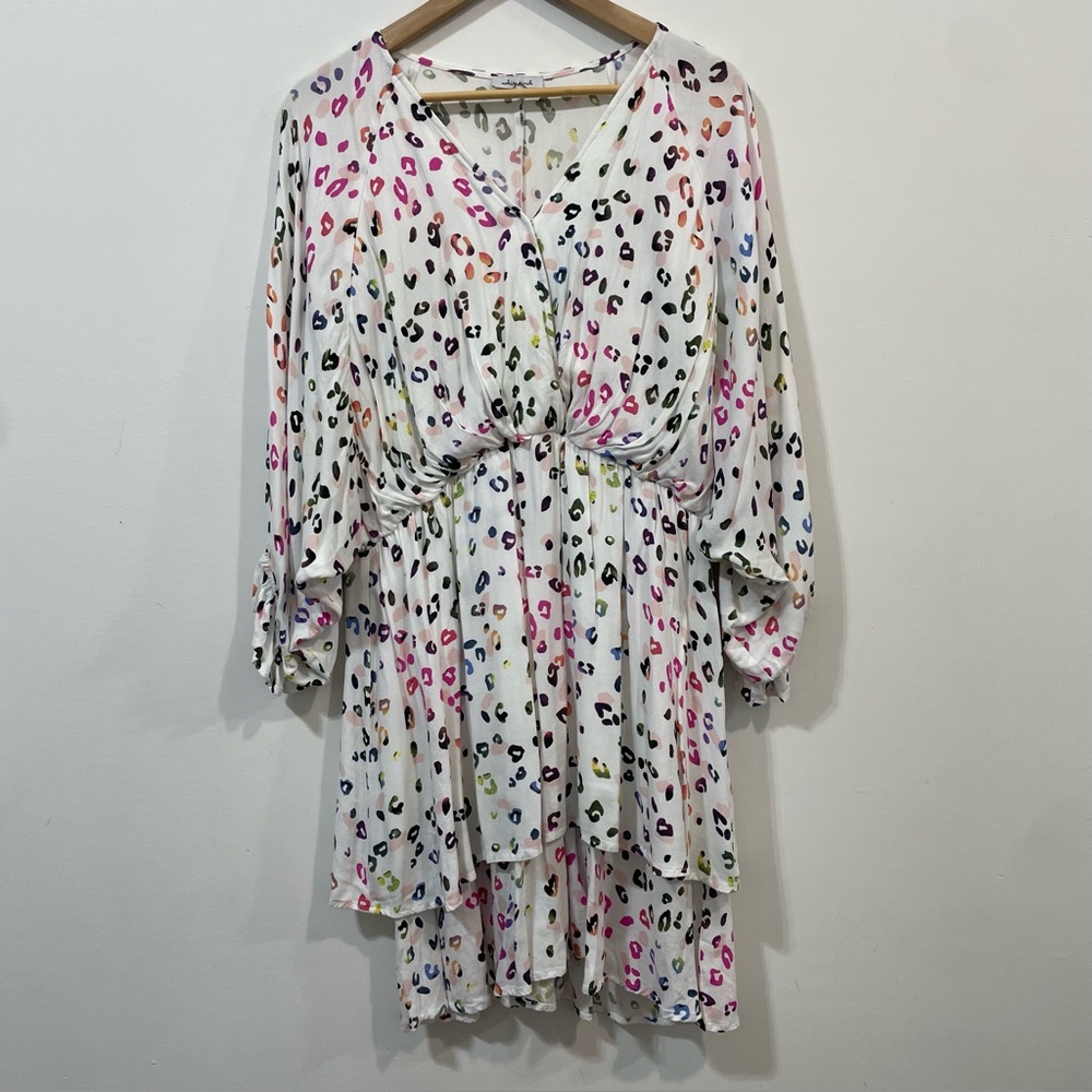 White Birch Pink Black Bishop Sleeve Abstract Print Leopard Sundress Size L